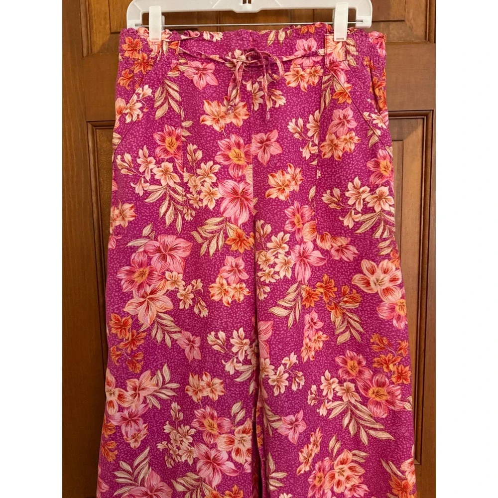 Ann Taylor Linen Pants Women L Petite Wide-Leg Crop Comfort Waist Pull-On Beachy